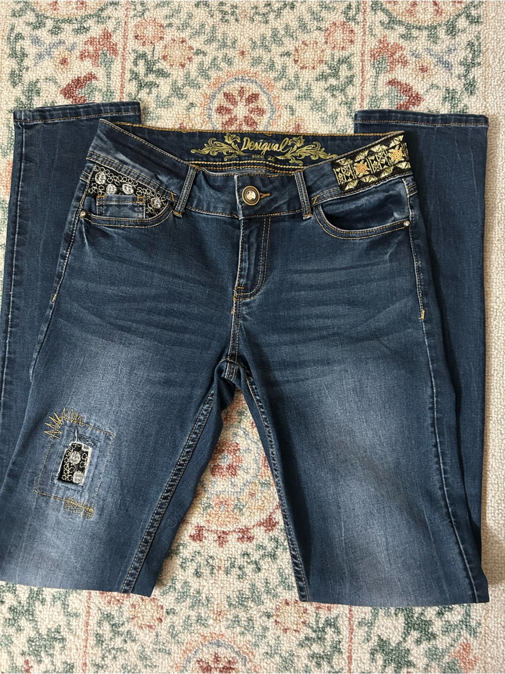 Desigual Blue Embroidered Jeans with Decorative Patches